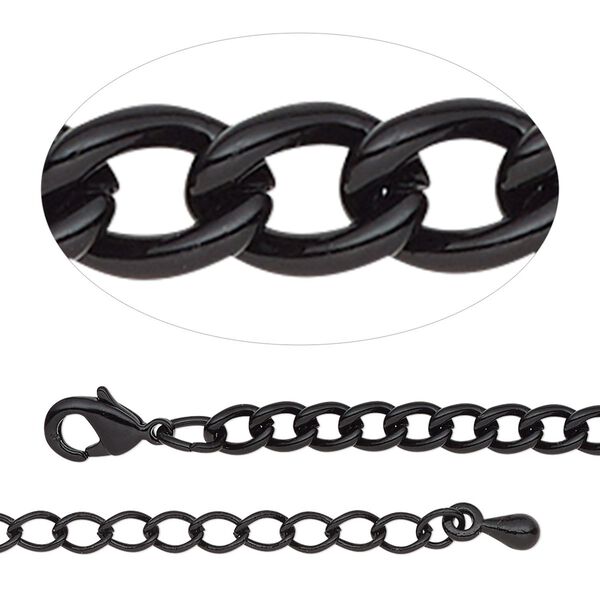 Chain, black-finished steel and brass, 3.7mm curb, 7-1/2 inches with 2-inch extender chain and lobster claw clasp. Sold individually. image number 0