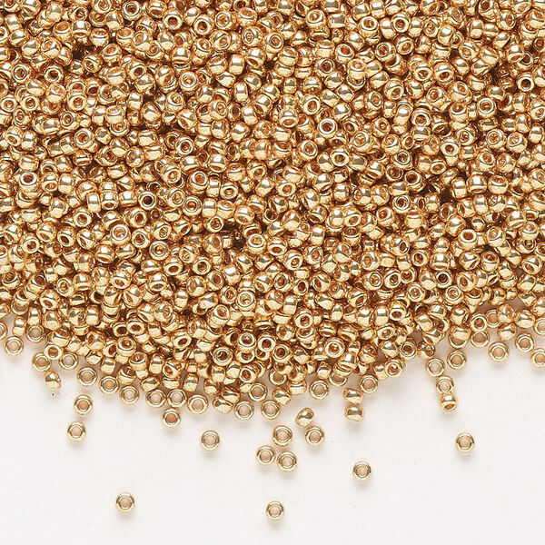 Seed bead, Miyuki, glass, pkg/35g, #15 rocaille, opaque galvanized yellow gold, (RR-1053). image number 0