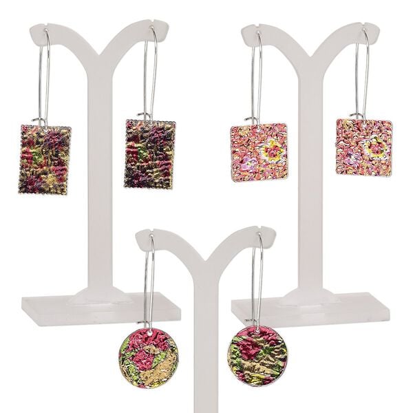 Earring mix, mylar / imitation rhodium-plated steel / "pewter" (zinc-based alloy), multicolored, 2 to 2-1/2 inches with round / rectangle / square and kidney ear wire. Sold per pkg of 3 pairs. image number 0