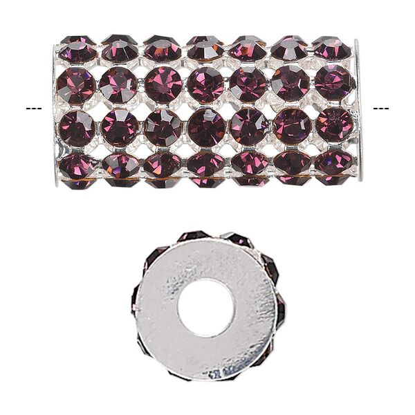 Bead, glass rhinestone and silver-finished brass, purple, 32x15mm cylinder with 4mm chatons, 5.75mm hole. Sold individually. image number 0