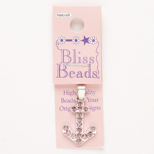 Pendant, "pewter" (zinc-based alloy)/steel/glass, pkg/1, silver finish and pink, 24x18mm anchor. image number 0