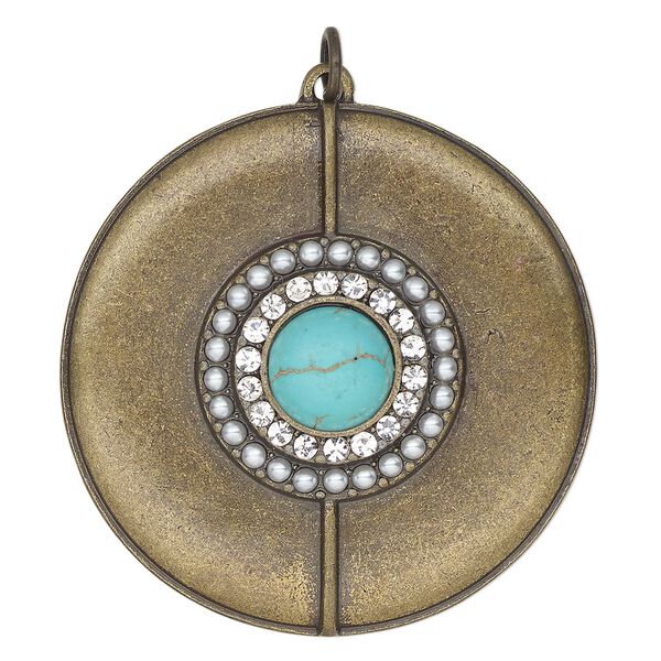 Focal, antique brass-finished "pewter" (zinc-based alloy), "turquoise" (imitation) resin and glass, turquoise blue and clear, 44mm single-sided round. Sold individually. image number 0