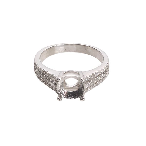 Ring, cubic zirconia and rhodium-plated sterling silver, clear, 8mm wide with open back and SS39 or 8mm round 4-prong setting, size 9. Sold individually. image number 0
