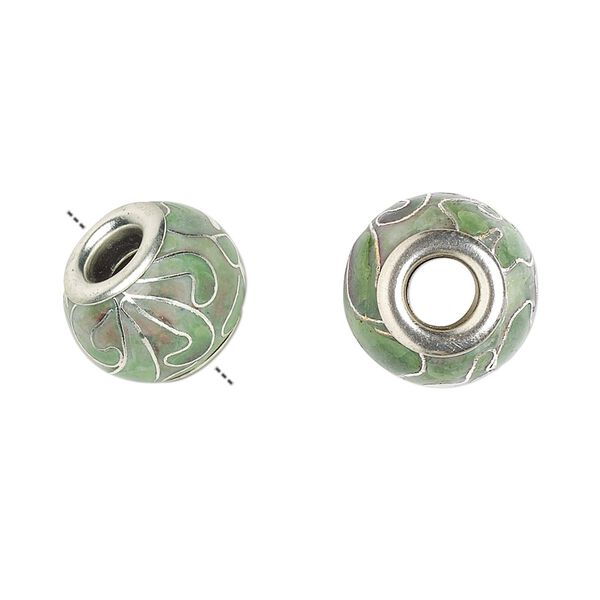 Bead, Dione®, cloisonné, enamel and silver-plated brass grommets, light green, 14x10mm rondelle with flower design. Sold per pkg of 4. image number 0