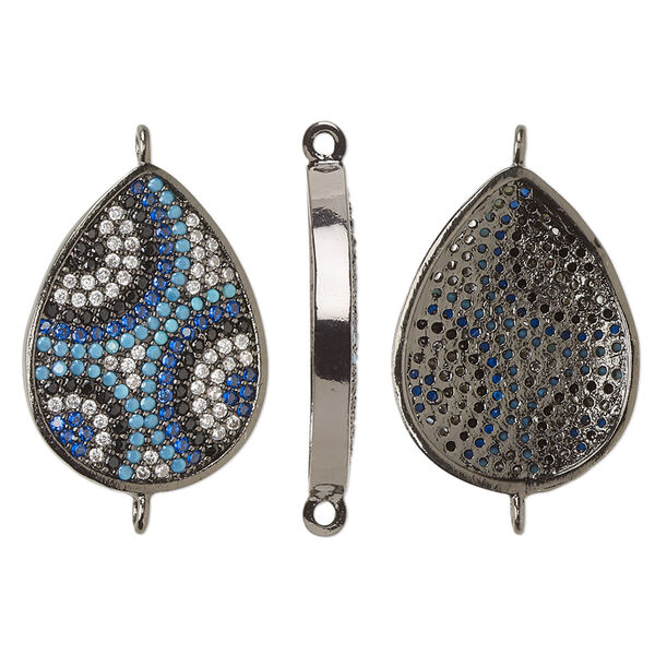 Link, cubic zirconia and black-finished brass, blue / black / clear, 22x16.5mm single-sided teardrop with circle design. Sold individually. image number 0