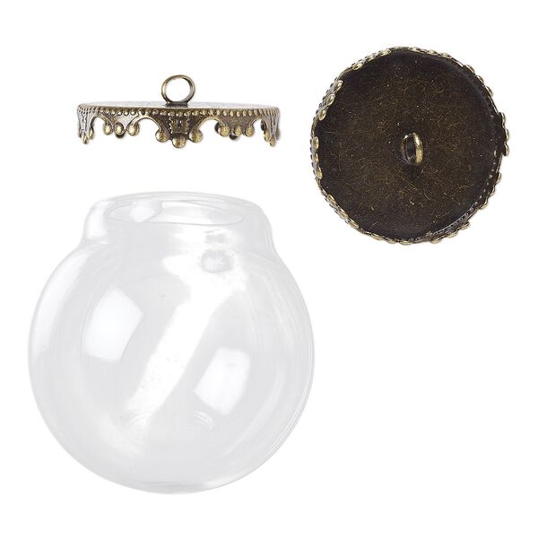 Focal, Keepsafe Keeper™, glass and antique brass-plated "pewter" (zinc-based alloy), clear, 31x30mm with 30x30mm dome and 21x4mm cap with fancy edge and closed loop. Sold per 2-piece set. image number 0