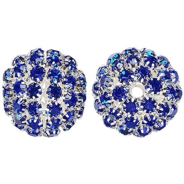 Bead, glass rhinestone and silver-plated brass, cobalt, 27mm ball with 5mm chatons, 4.5mm hole. Sold individually. image number 0