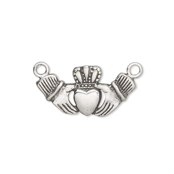 Connector, antiqued sterling silver, 23x12mm Claddagh. Sold individually. image number 0