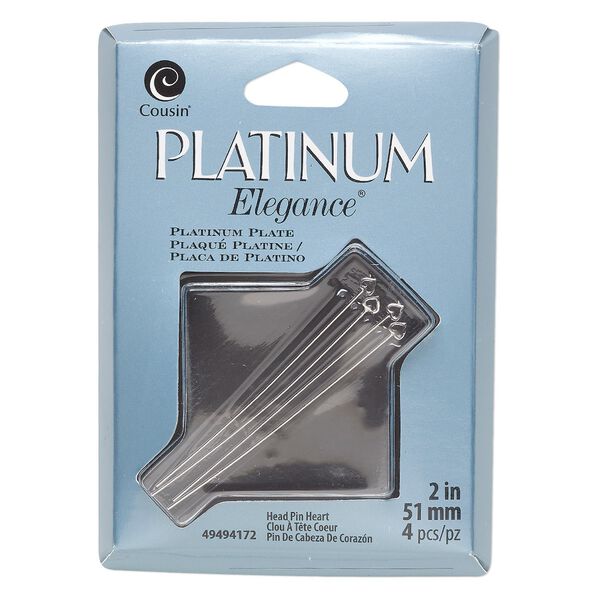 Head pin, platinum-plated copper, 2 inches with 3.5x3mm heart, 23 gauge. Sold per pkg of 4. image number 0