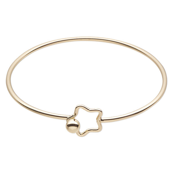 Bracelet, bangle, gold-finished brass, 2mm wide, 7-1/2 inches with 16mm open star and hook closure. Sold individually. image number 0