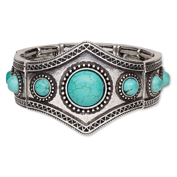 Bracelet, stretch, magnesite (dyed / stabilized) and antique silver-plated "pewter" (zinc-based alloy), blue, 42mm wide with round, 7 inches. Sold individually. image number 0