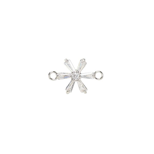 Link, cubic zirconia and silver-plated brass, clear, 11x10mm single-sided flower. Sold per pkg of 2. image number 0