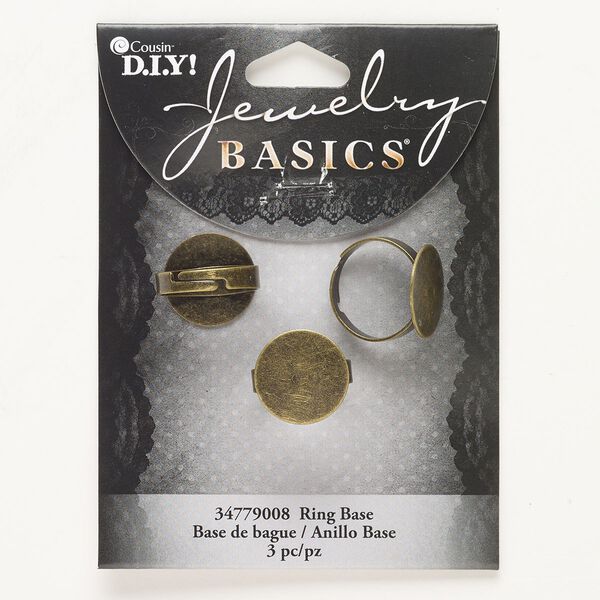 Ring, steel, pkg/3, antique brass finish, adjustable with 16mm round setting. image number 0