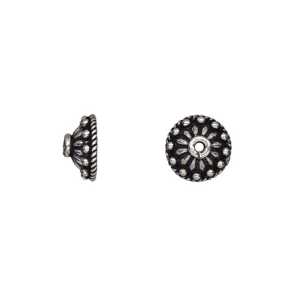 Bead cap, antiqued sterling silver, 10x5mm beaded round, fits 8-12mm bead. Sold per pkg of 6. image number 0