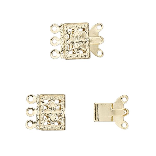 Clasp, 3-strand tab, gold-finished brass, 10x7mm square with filigree design. Sold per pkg of 10. image number 0