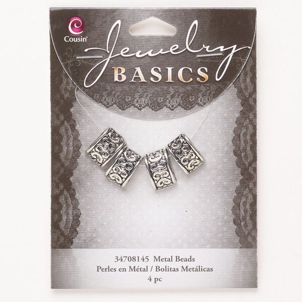 Bead, spacer, "pewter" (zinc-based alloy), pkg/4, antique silver finish, 12x8mm 2-strand half-oval, fits up to 6mm beads. image number 0