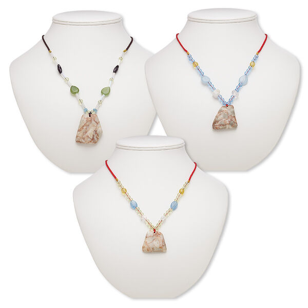 Multi-gemstone / acrylic / glass 1pkg3, freeform pendant necklace mix continuous loop 20 inch 32x27mm-48x36mm image number 0