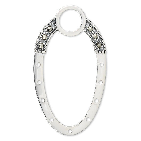 Drop, sterling silver with marcasite, 46x25mm oval.  Sold individually. image number 0