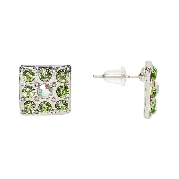 Earstud, Everyday Jewelry, antique silver-finished "pewter" (zinc-based alloy) and glass, green and clear AB, 12mm square. Sold per pair. image number 0