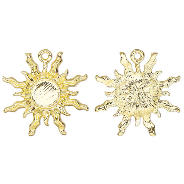 Drop,  glue-in, gold-finished "pewter" (zinc-based alloy), 27mm single-sided sun with 8mm round setting. Sold per pkg of 4. image number 0
