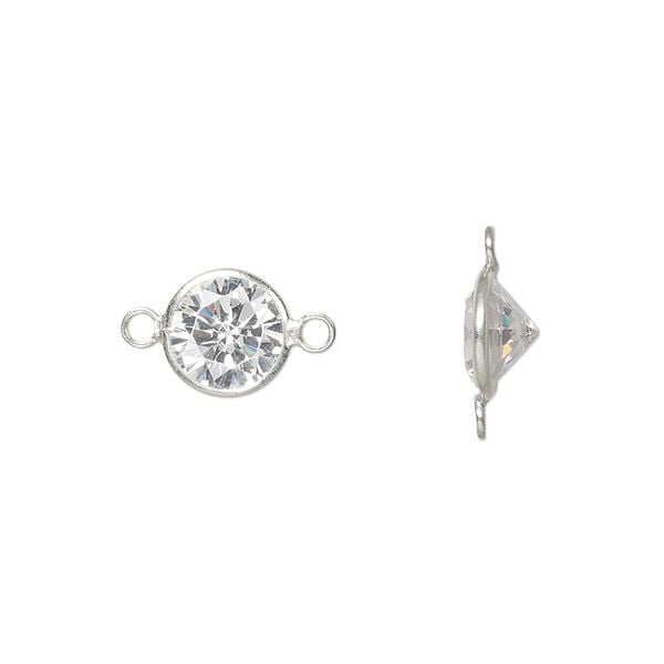 Link, cubic zirconia and sterling silver, clear, 9mm faceted round. Sold per pkg of 2. image number 0