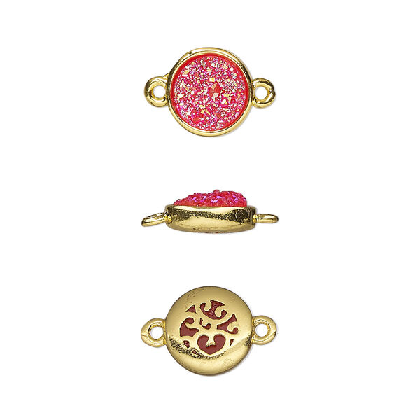 Link, Druzylite™, "druzy" (resin) and gold-finished brass, hot pink, 9.5mm two-sided round with open filigree back. Sold per pkg of 4. image number 0