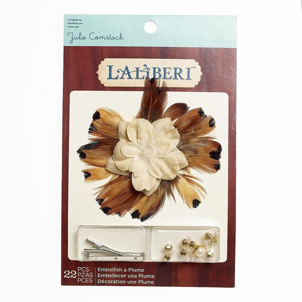 Brooch / hair clip kit, Laliberi™, feather (natural) / fabric / silver-finished steel / gold-coated acrylic, tan / white / light pink, flower. Sold per kit. image number 0