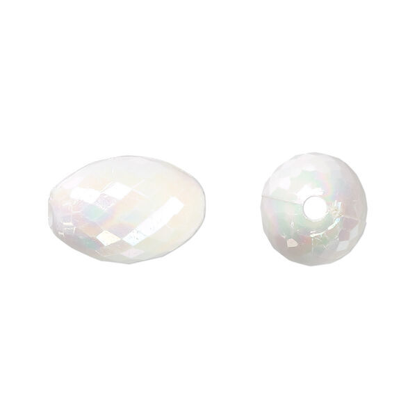 Bead, acrylic, white AB, 16x11mm faceted oval. Sold per 100-gram pkg, approximately 80 beads. image number 0