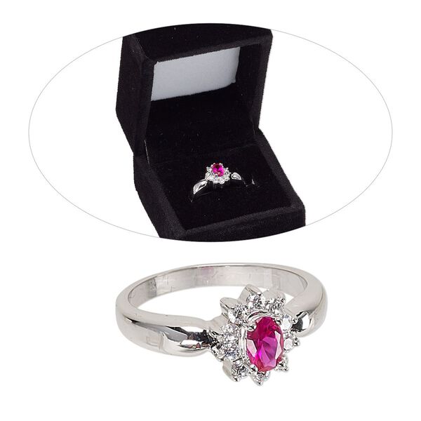 Ring, cubic zirconia and rhodium-finished brass, ruby red and clear, 10.5mm fancy oval, size 8. Sold individually. image number 0