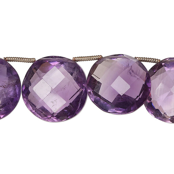 Amethyst 1pkg12, hand-cut top-drilled faceted puffed flat round bead natural B+ grade, 15-18mm image number 0