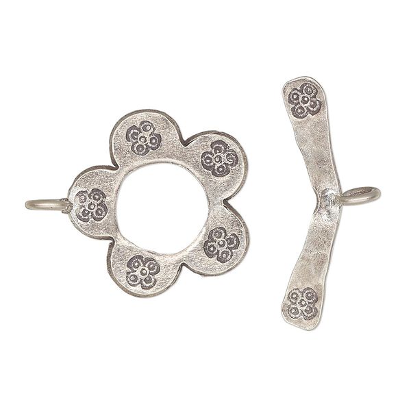 Clasp, toggle, Hill Tribes, antiqued sterling silver, 18mm flower with scroll bar. Sold individually. image number 0