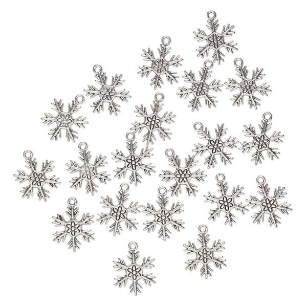 Charm, "pewter" (zinc-based alloy), pkg/20, 24x18mm-24x20mm single-sided snowflake, silver finish. image number 0