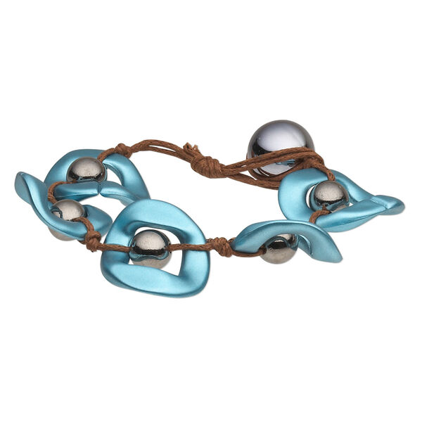 Bracelet, waxed cotton cord and acrylic, brown / teal blue / dark grey, 27mm wide with freeform donut, 6 inches with button clasp. Sold individually. image number 0
