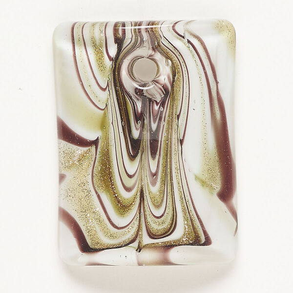 Focal, lampworked glass, opaque white / dark purple / light green with copper-colored glitter, 44x34mm rectangle with spiral design. Sold individually. image number 0