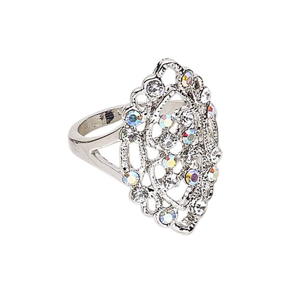 Ring, Czech glass rhinestone and imitation rhodium-plated "pewter" (zinc-based alloy), clear and clear AB, 28x17mm marquise, size 9. Sold individually. image number 0