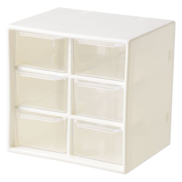 Organizer, plastic, white and clear, 4-3/4 x 4-5/8 x 3-13/16 inches with (6) removable drawers. Sold individually. image number 1