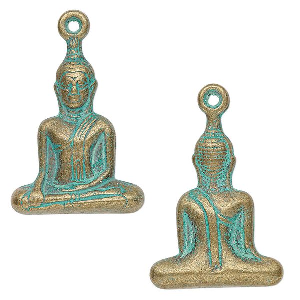 Focal, antique brass-plated "pewter" (zinc-based alloy), green patina, 30x23mm 3D Buddha. Sold per pkg of 2. image number 0