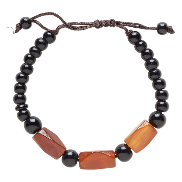 Red agate / glass / waxed cotton 1pkg1, faceted square tube bracelet adjustable 5-7.5 inch 8mm image number 0