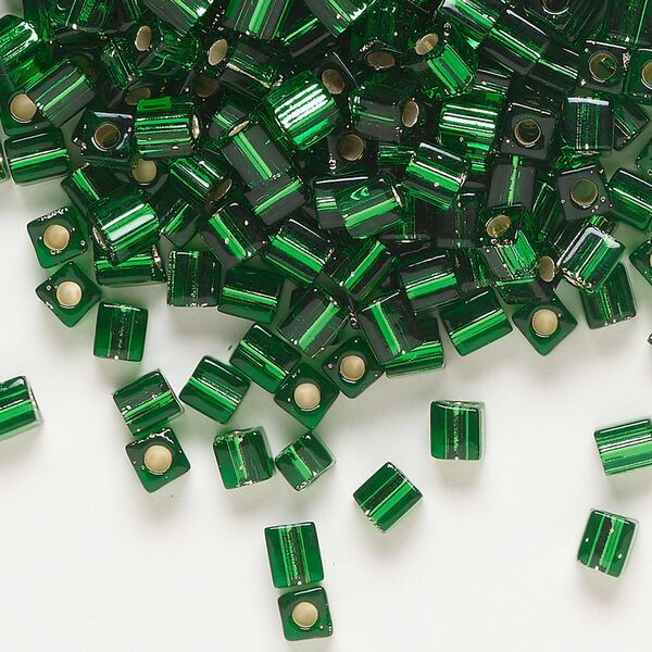 Seed bead, Miyuki, glass, pkg/25g, 3.5-3.7mm square, transparent silver-lined green (SB-16). image number 0