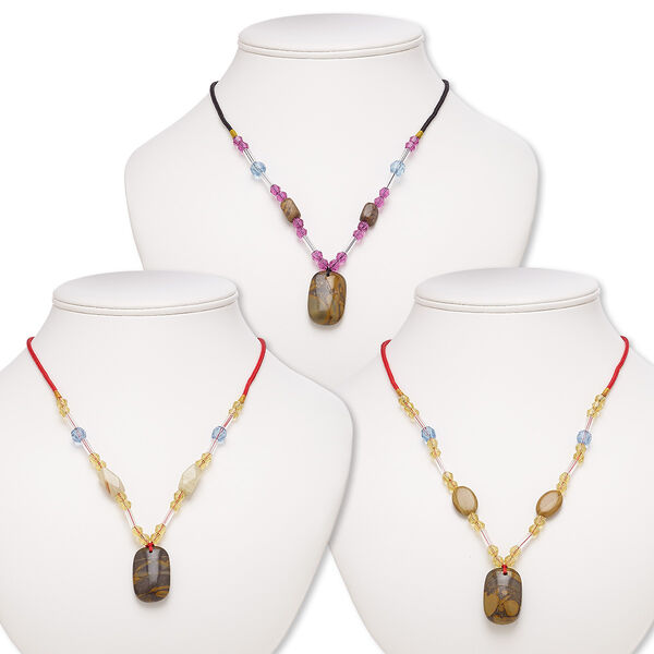 Multi-gemstone / acrylic / glass 1pkg3, rounded rectangle pendant necklace mix continuous loop 20 inch 29x19mm-30x20mm image number 0