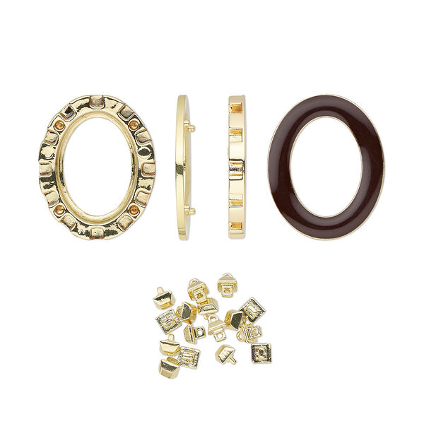 Mount, Miracle Mount™, enamel and gold-finished "pewter" (zinc-based alloy), brown, 39x32mm oval with 30x22mm oval setting. Sold per 18-piece set. image number 0