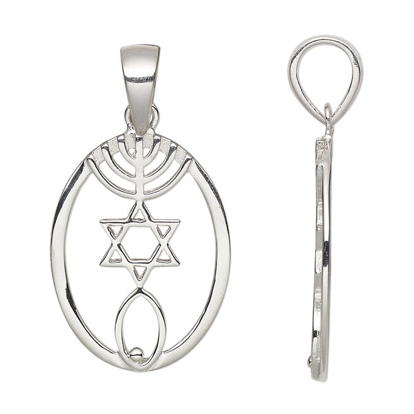 Pendant, sterling silver, 26x19mm single-sided oval with Messianic Seal. Sold individually. image number 0
