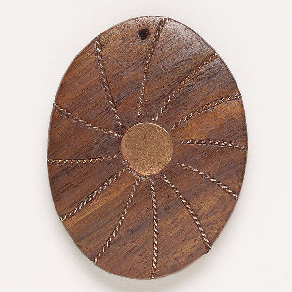 Focal, copper and wood (dyed), pkg/1, 46x33mm-46x35mm top-drilled flat oval with twisted wire inlay, rose gold finish. image number 0
