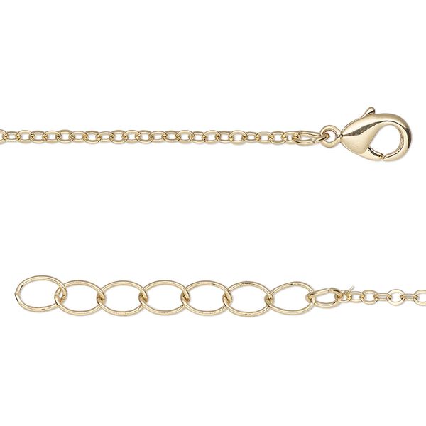Chain, gold-finished brass, 1.5-1.7mm cable, 20 inches long with 1-1/4 inch extender chain and lobster claw clasp. Sold per pkg of 2. image number 0