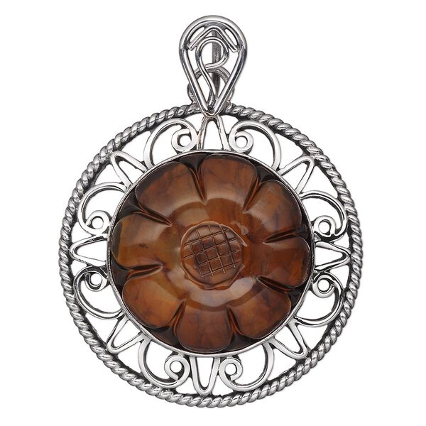 Pendant, amber (heated) and antiqued sterling silver, 38mm filigree round with 25mm carved flower. Sold individually. image number 0