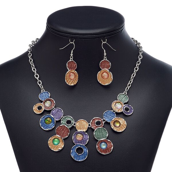 Necklace and earring set, enamel / resin / imitation rhodium-plated steel / brass / "pewter" (zinc-based alloy), multicolored, geometric round, 18-inch necklace with 2-inch extender chain and lobster claw clasp, 39.5mm earrings with fishhook ear wire. Sold per set. image number 0
