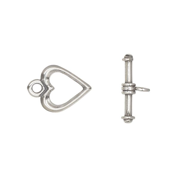 Clasp, JBB Findings, toggle, antiqued sterling silver, 13x11.5mm heart. Sold individually. image number 0