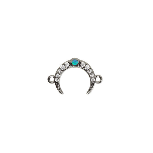 Link, cubic zirconia / glass rhinestone / black-finished brass, clear and green, 12x10mm single-sided naja. Sold individually. image number 0