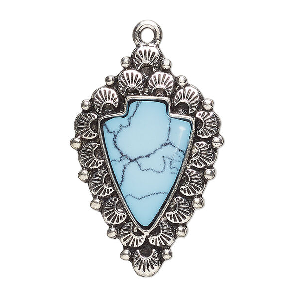 Focal, antique silver-finished "pewter" (zinc-based alloy) and "turquoise" (resin) (imitation), turquoise blue, 34.5x23mm single-sided arrowhead. Sold per pkg of 2. image number 0