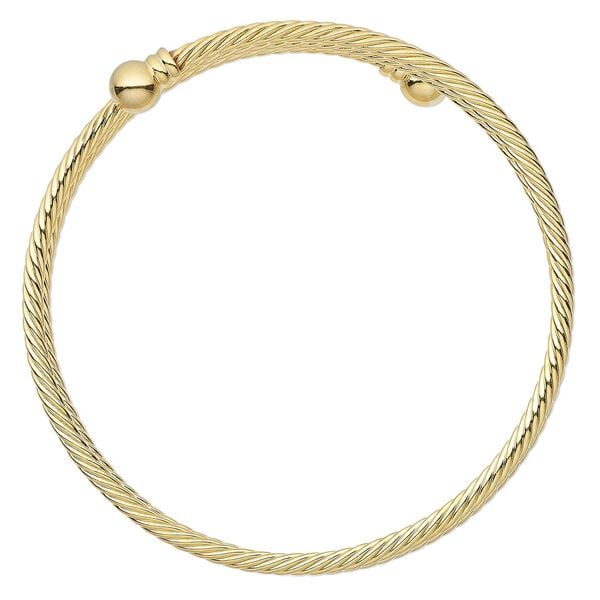 Bracelet, bangle, gold-plated brass, 3.5mm twisted wire with 8mm threaded ball end, adjustable from 9 to 9-1/2 inches. Sold individually. image number 0